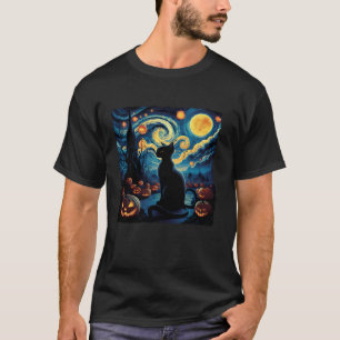 Halloween Van Gogh Starry Night Black Cat Pumpkins T-Shirt