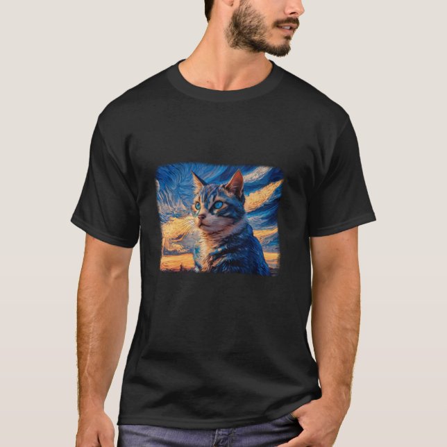 Halloween Van Gogh Starry Night Black Cat T Shirt (Front)