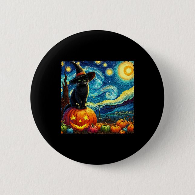 Halloween Van Gogh Starry Night Black Cat Witch Ha 6 Cm Round Badge (Front)