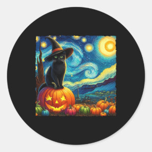 Halloween Van Gogh Starry Night Black Cat Witch Ha Classic Round Sticker