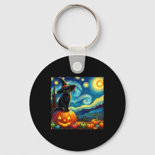 Halloween Van Gogh Starry Night Black Cat Witch Ha Key Ring