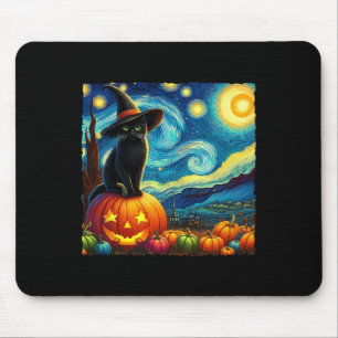 Halloween Van Gogh Starry Night Black Cat Witch Ha Mouse Mat