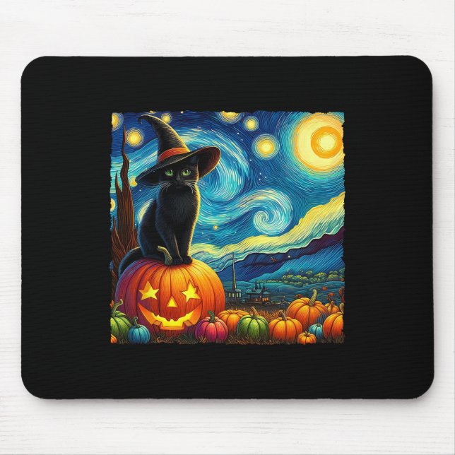 Halloween Van Gogh Starry Night Black Cat Witch Ha Mouse Mat (Front)