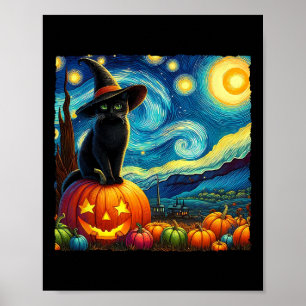 Halloween Van Gogh Starry Night Black Cat Witch Ha Poster