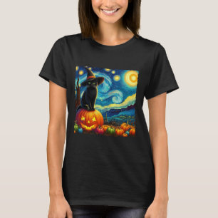 Halloween Van Gogh Starry Night Black Cat Witch Ha T-Shirt