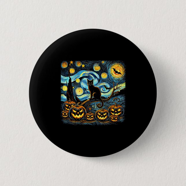 Halloween Van Gogh Starry Night Pumpkin Black Cat  6 Cm Round Badge (Front)