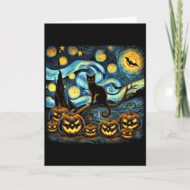 Halloween Van Gogh Starry Night Pumpkin Black Cat  Card (Front)