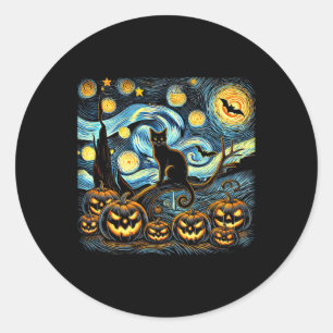 Halloween Van Gogh Starry Night Pumpkin Black Cat Classic Round Sticker