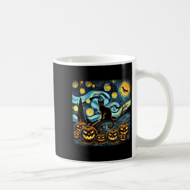 Halloween Van Gogh Starry Night Pumpkin Black Cat  Coffee Mug (Right)