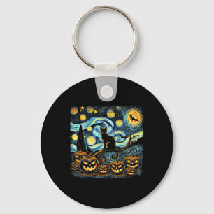 Halloween Van Gogh Starry Night Pumpkin Black Cat Key Ring