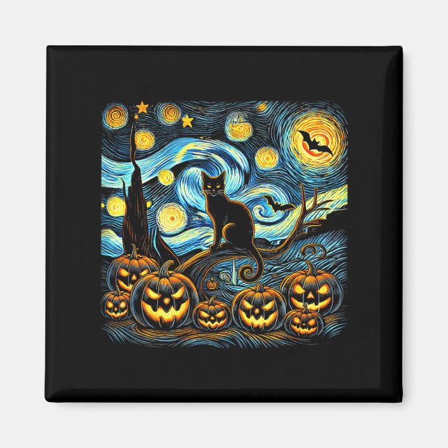Halloween Van Gogh Starry Night Pumpkin Black Cat  Magnet (Front)