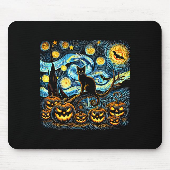 Halloween Van Gogh Starry Night Pumpkin Black Cat  Mouse Mat (Front)