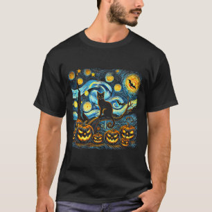 Halloween Van Gogh Starry Night Pumpkin Black Cat T-Shirt
