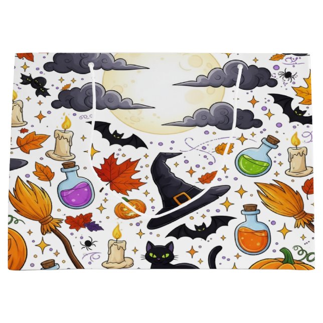 Halloween Vector Art Witches Black Cats Pumpkins  Large Gift Bag (Front)