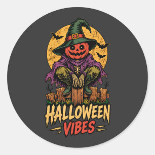 Halloween Vibes Pumpkin Scarecrow Witch Hat Vinta Classic Round Sticker