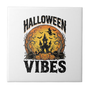 Halloween Vibes Vintage Haunted Moon Shirt Design_ Tile
