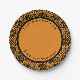 Halloween Victorian Brocade Damask Black on Orange Paper Plate