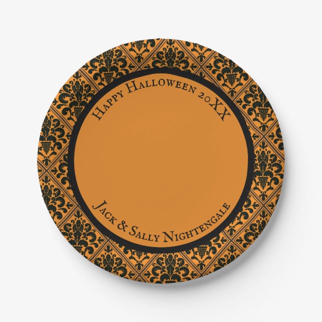 Halloween Victorian Brocade Damask Black on Orange Paper Plate (Front)