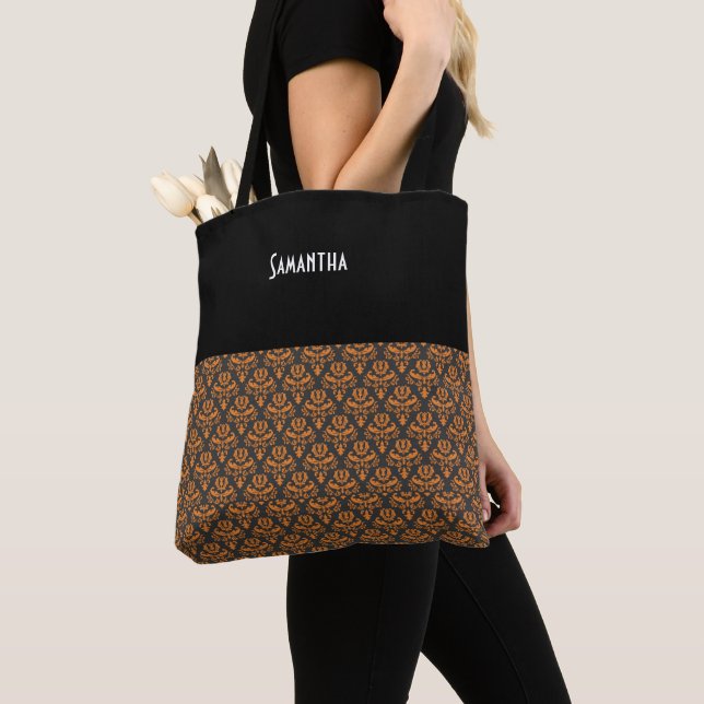 Halloween Victorian Damask Black Orange Name Tote Bag (Close Up)
