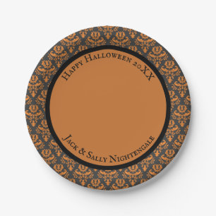 Halloween Victorian Damask Black Orange Paper Plate
