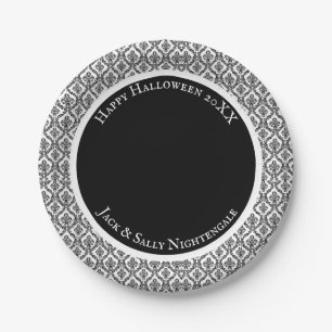 Halloween Victorian Damask Brocade Black on White  Paper Plate