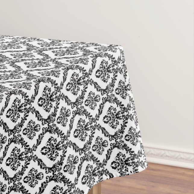 Halloween Victorian Damask Brocade Black on White Tablecloth (In Situ)