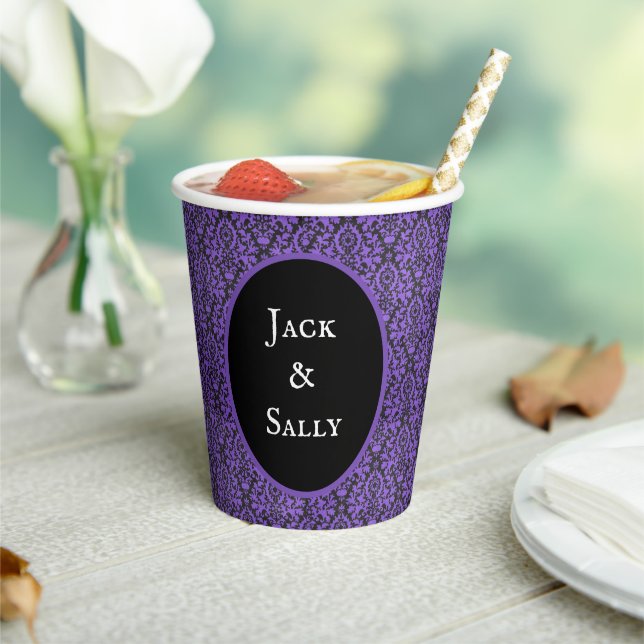 Halloween Victorian Purple & Black Brocade Damask Paper Cups (Insitu)