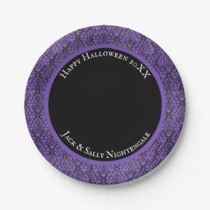 Halloween Victorian Purple & Black Brocade Damask Paper Plate