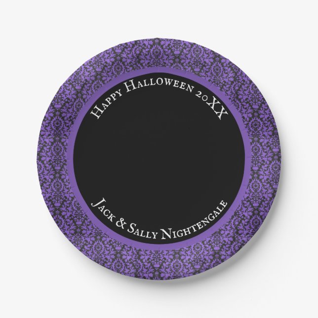 Halloween Victorian Purple & Black Brocade Damask Paper Plate (Front)
