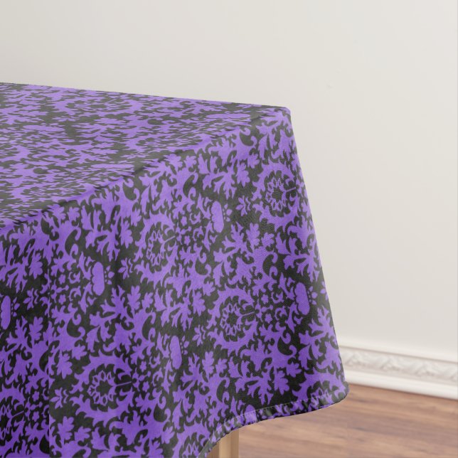 Halloween Victorian Purple & Black Brocade Damask Tablecloth (In Situ)