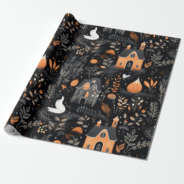 Halloween Village Night Forest Wrapping Paper (Unrolled)