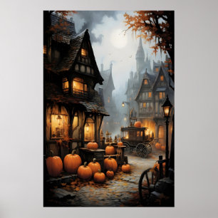 Halloween Village Print, Old Germany, Dark Poster