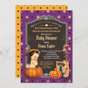 Halloween vintage baby girl shower purple gold invitation
