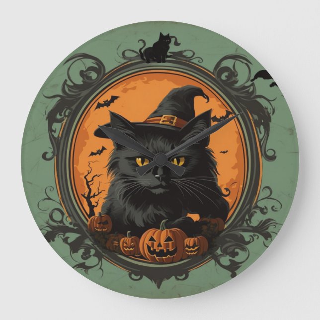 Halloween Vintage Black Cat  Large Clock (Front)