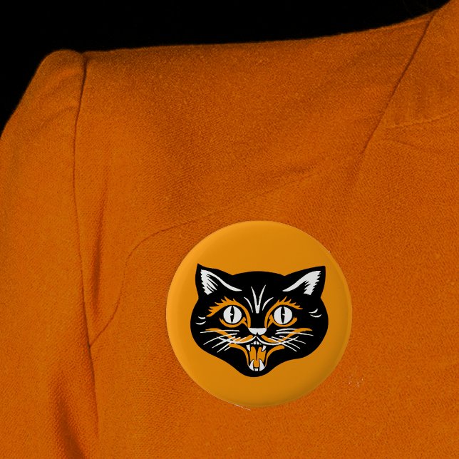 Halloween Vintage Cat Face 6 Cm Round Badge (Vintage Halloween smiling black cat face on bright orange round pink back button.)