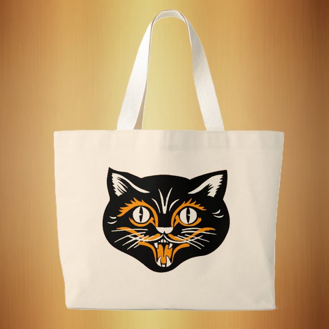 Halloween Vintage Cat Face Large Tote Bag (Classic vintage Halloween black cat face with orange and white on tote bag.)