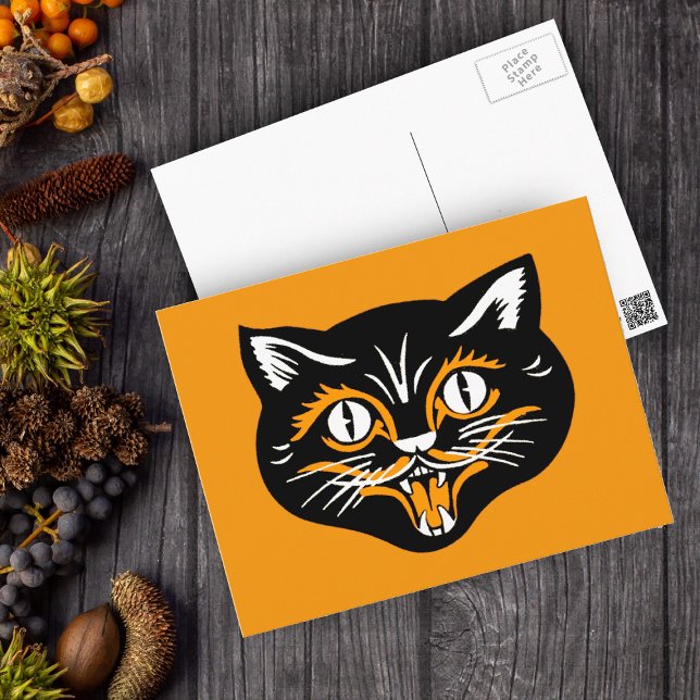 Halloween Vintage Cat Face Postcard (Happy smiling Halloween black cat face with white accents on orange postcard.)