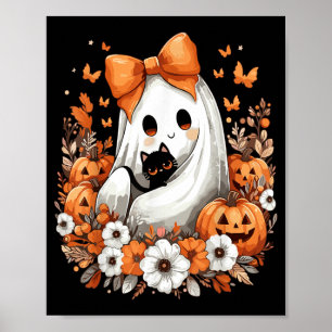 Halloween Vintage Ghost With Black Cat Pumpkin Poster