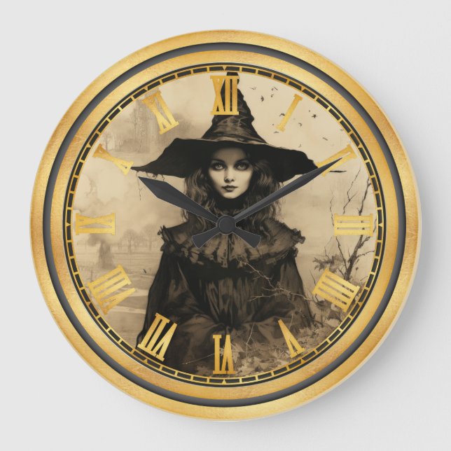 Halloween Vintage Gothic Witch  Large Clock (Front)