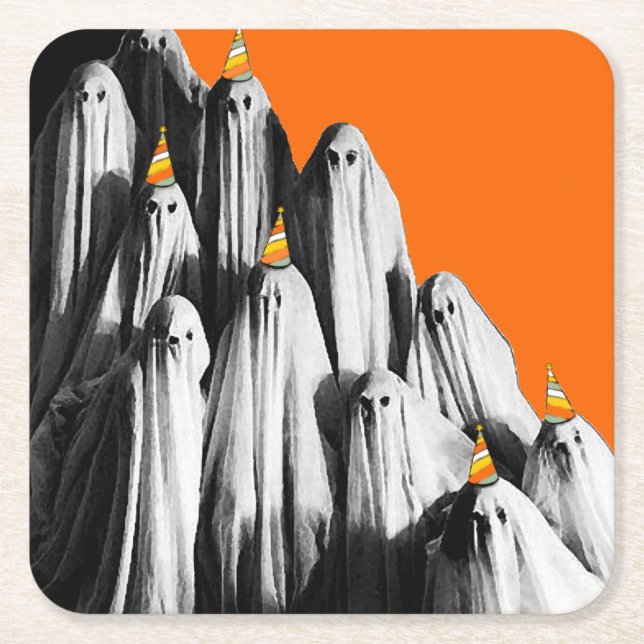 Halloween Vintage Party Ghosts Square Paper Coaster (Front)