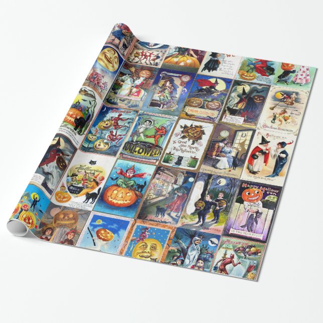 Halloween Vintage Postcard Wrapping Paper (Unrolled)