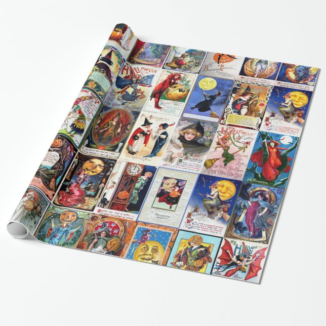 Halloween Vintage Postcard Wrapping Paper (Unrolled)