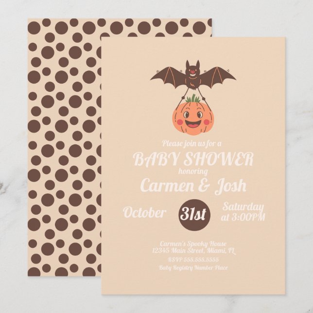 Halloween Vintage Pumpkin Bat Retro Baby Shower Invitation (Front/Back)