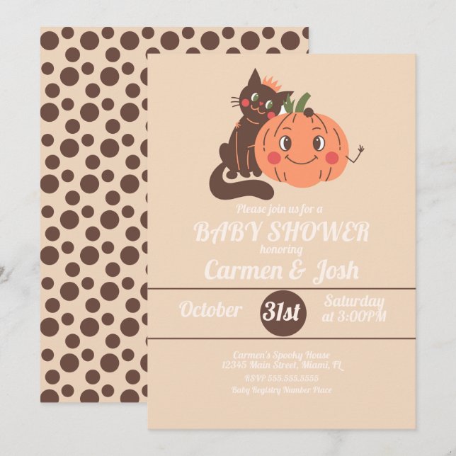 Halloween Vintage Pumpkin Cat Retro Baby Shower Invitation (Front/Back)