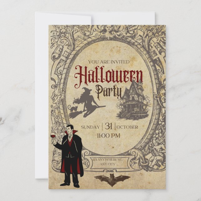 Halloween vintage retro vampire witches invitation (Front)