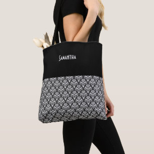 Halloween Vintage Victorian Damask White Blk Name Tote Bag