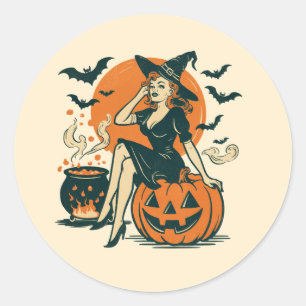 Halloween Vintage Witch on Pumpkin Bats Cauldron Classic Round Sticker