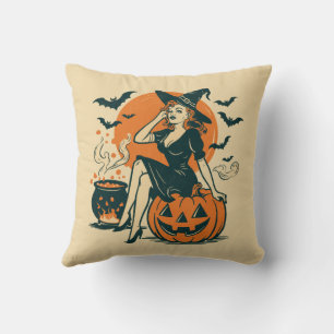 Halloween Vintage Witch on Pumpkin Bats Cauldron Cushion