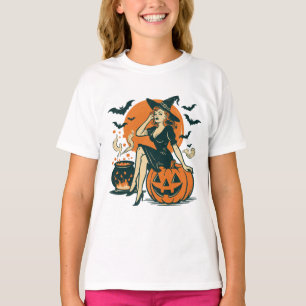Halloween Vintage Witch on Pumpkin Bats Cauldron T-Shirt