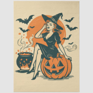 Halloween Vintage Witch on Pumpkin Bats Cauldron   Tissue Paper